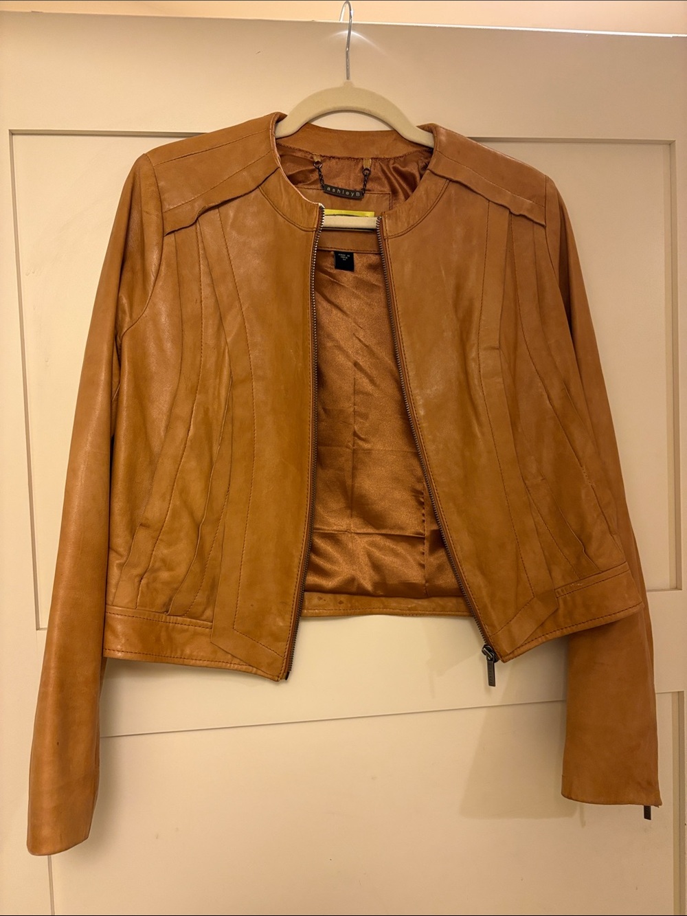 Women’s Cognac Leather Zip Jacket